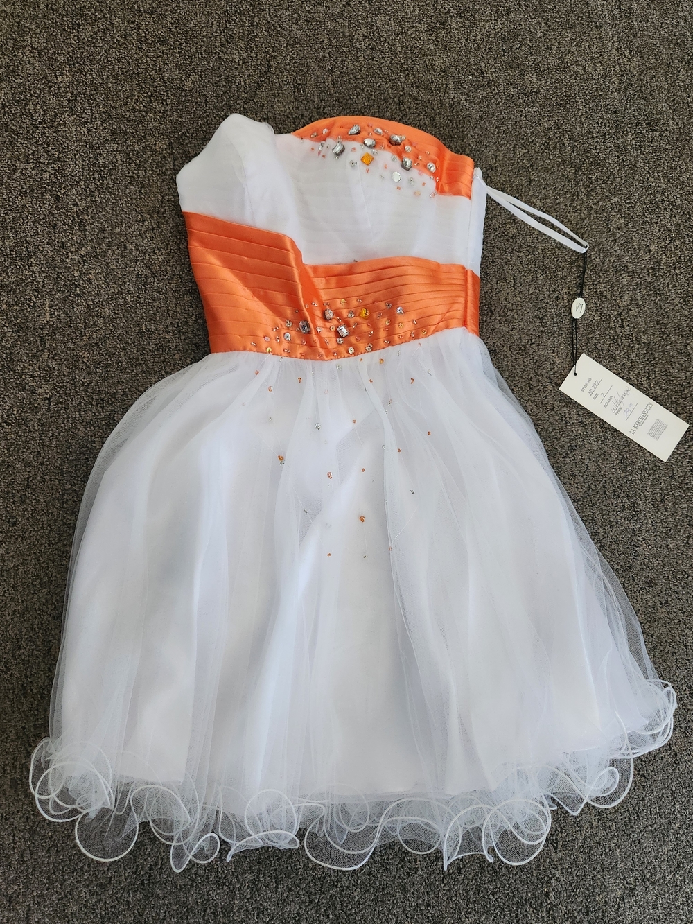 Orange & White Strapless Tulle Dress with Embellishments